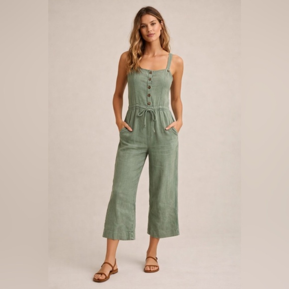 Washed Olive Green Linen Blend Jumpsuit Wide Leg Cropped Size 1 Boho Coastal